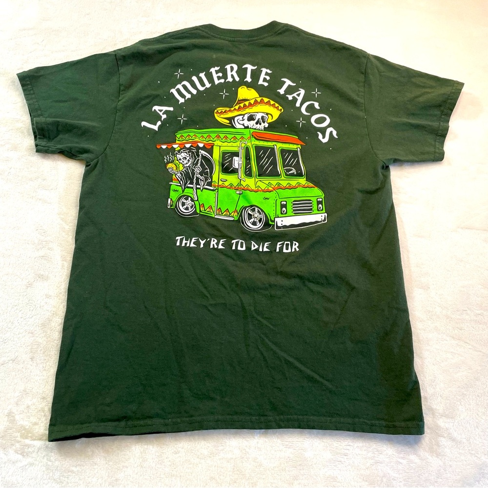 La Muerte Tacos T-Shirt Food Truck Grim Reaper Green‎ Sz Medium Retrofit Graphic